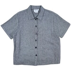 Hot Cotton Button Shirt Womens Petite M Gray Linen Cotton Short Sleeve Coastal